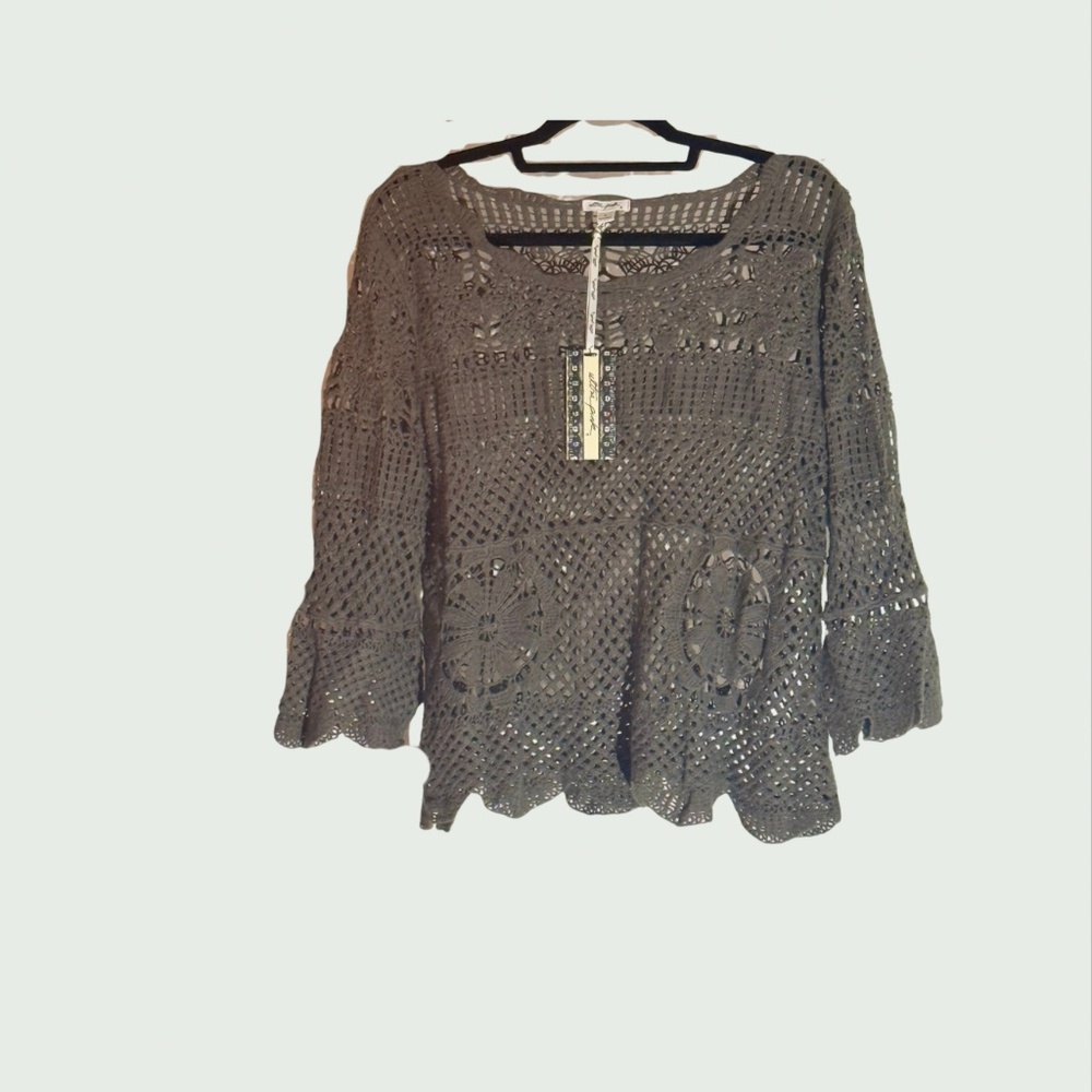 NWT Ultra Pink Olive Crochet Boho Sweater Top XL Open Knit Festival